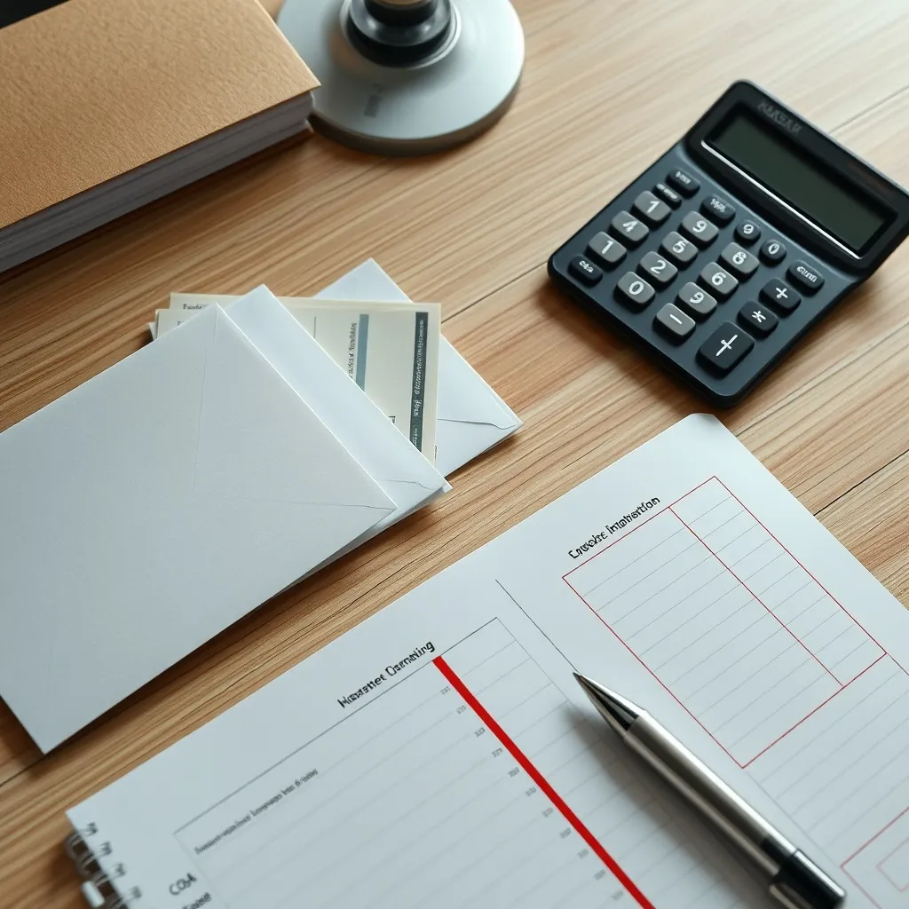 High-angle shot of a desk with organized physical cash envel