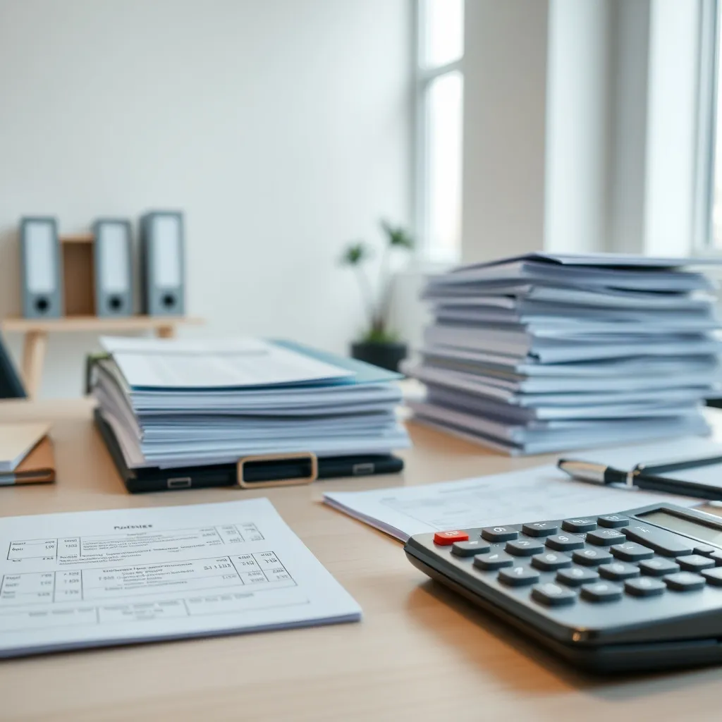 A professional organized desk with financial ledgers, a high