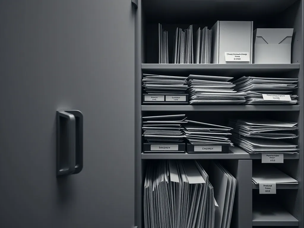 Organized office cabinet with labeled folders and envelopes,