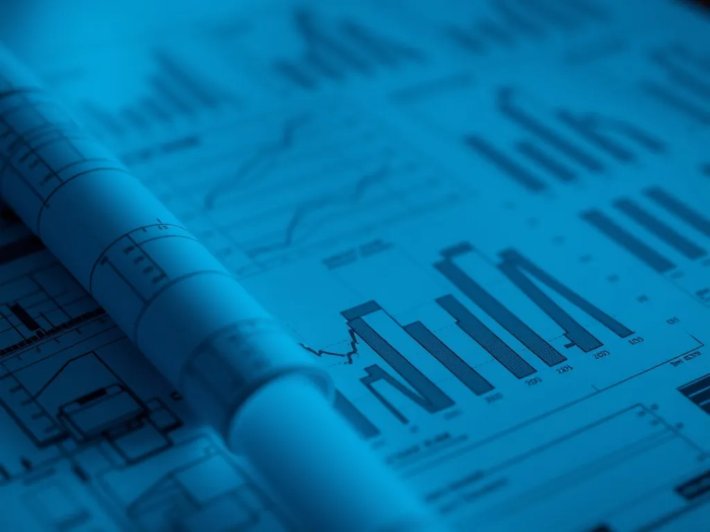 A macro shot of architectural blueprints and financial chart