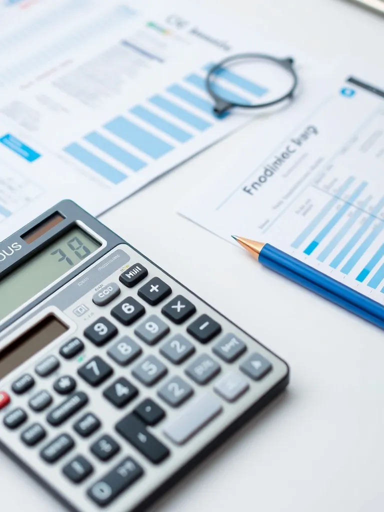 A professional office desk with a calculator, organized fina