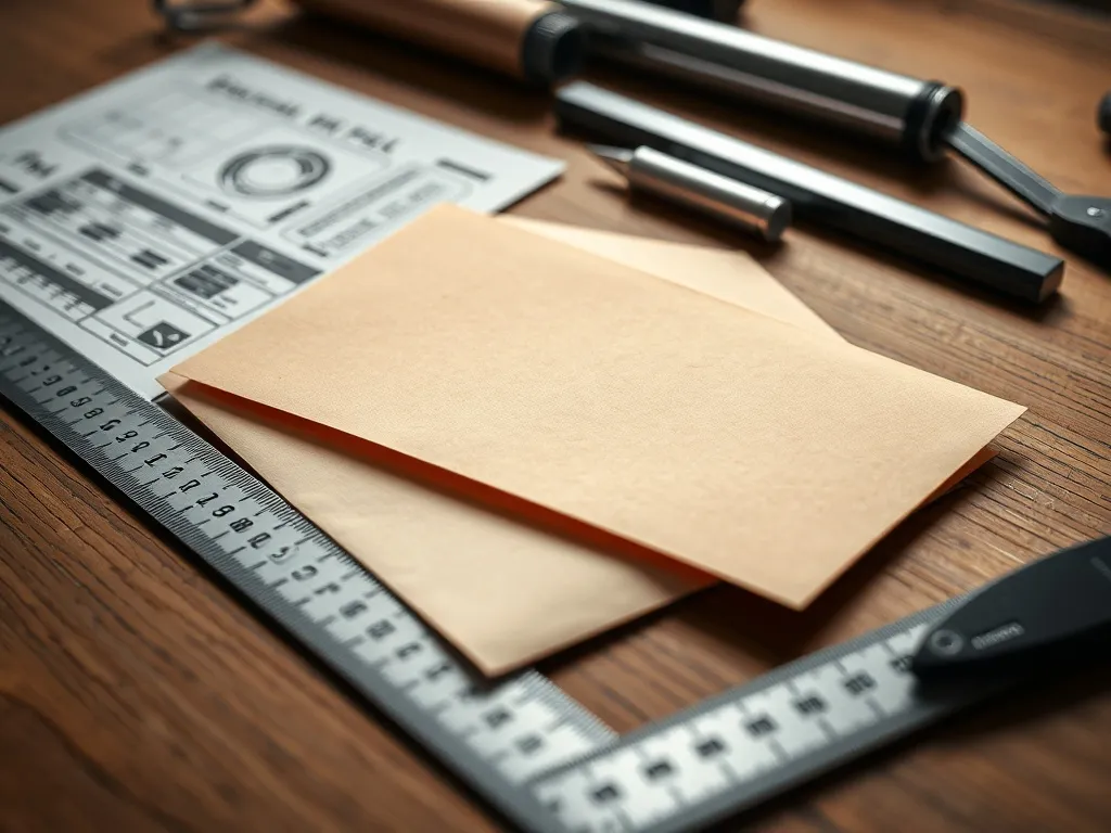 Close-up of high-quality paper envelopes and a metal ruler o